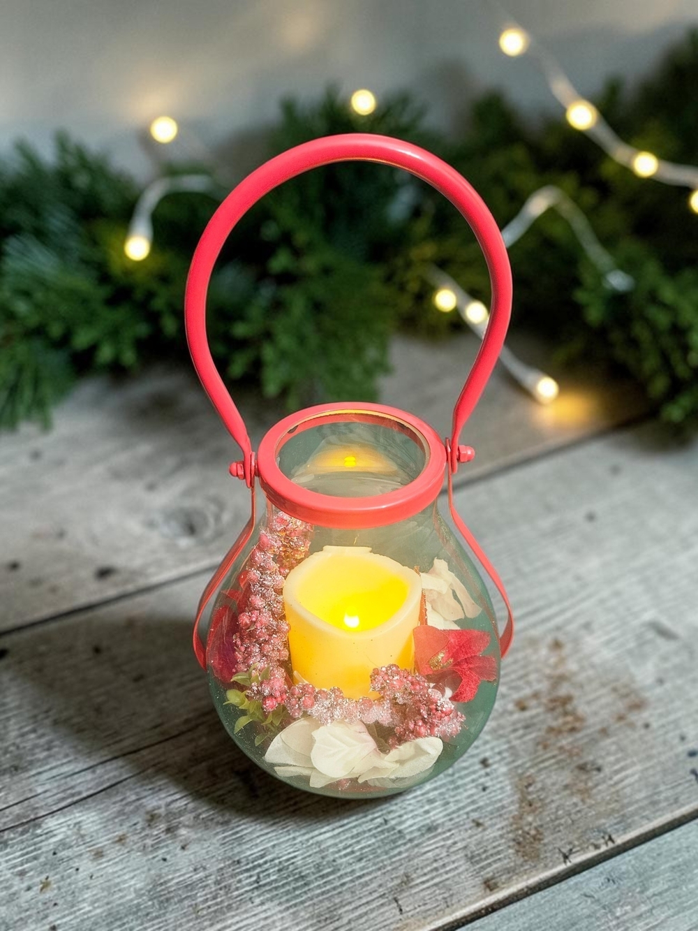 Glass Hurricane Lantern LED Candle Floral Holiday Decor